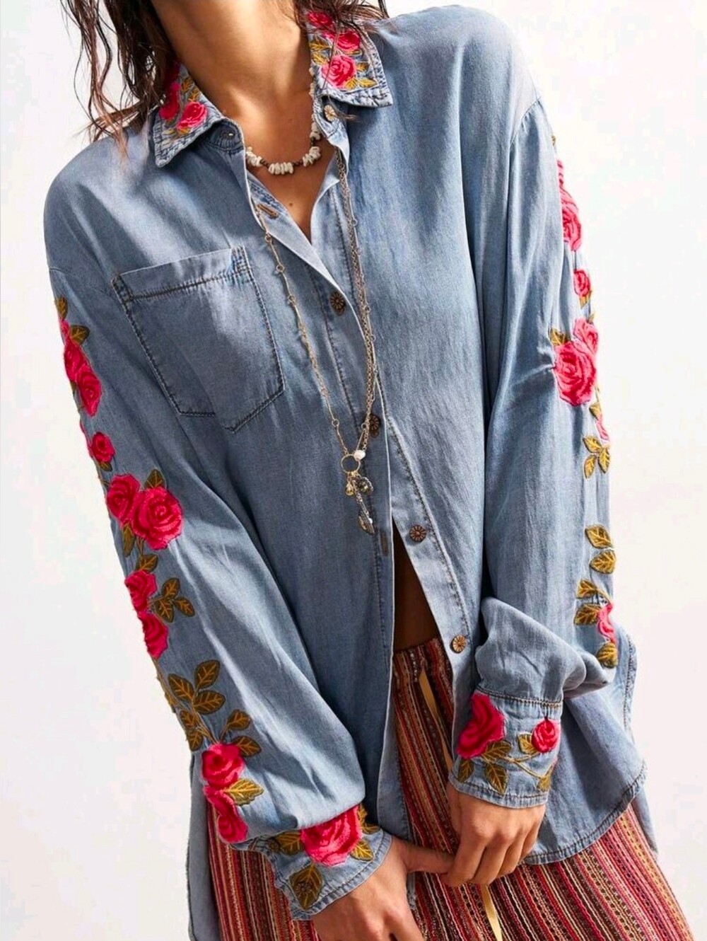 New Boho Embroidered Rose Floral Button Down Shirt Blue Denim Red Pink Green - Picture 3 of 11